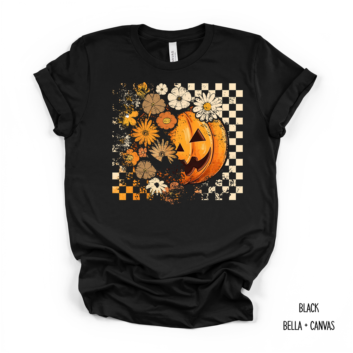 Half Pumpkin/ Half Floral With Checkers T-Shirt