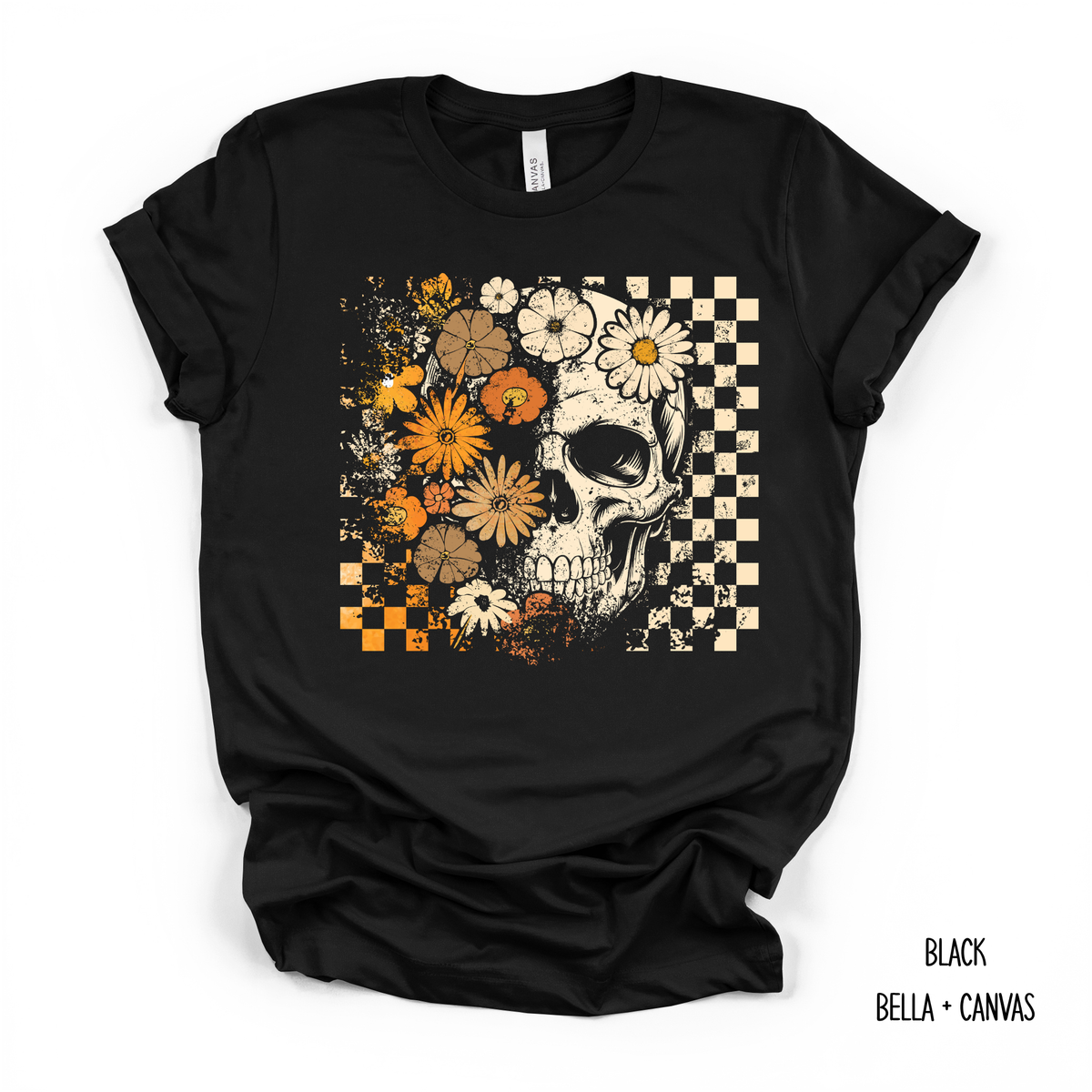 Half Skull/ Half Floral With Checkers T-Shirt