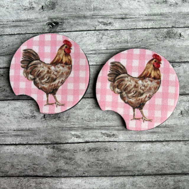 Chicken With Pink Plaid Neoprene Car Coaster