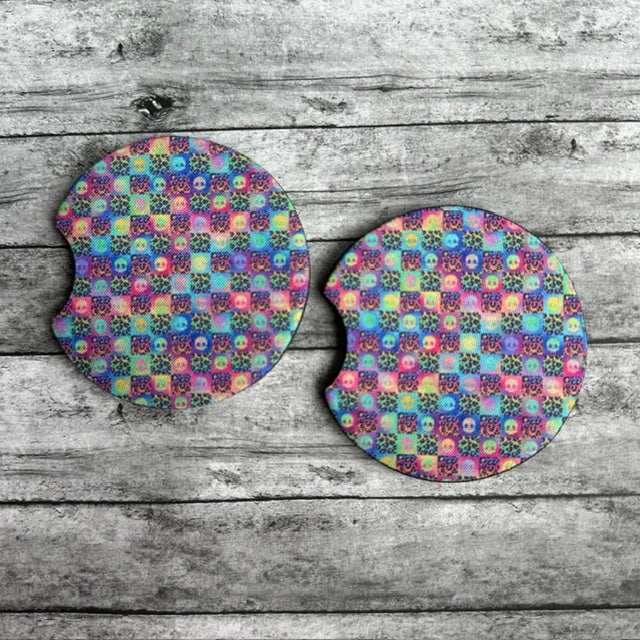 Rainbow Skull Checker Neoprene Car Coaster