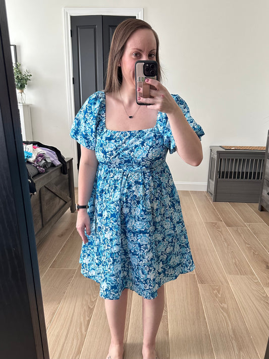 Blue Pouf Sleeve Dress