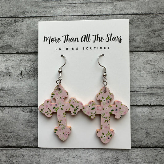 Easter Spring Pink Floral Cross Earrings
