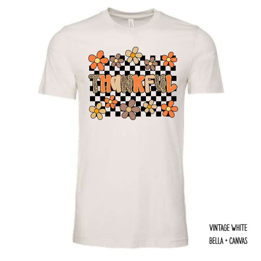 Thankful With Flowers & Checkered Background T-Shirt