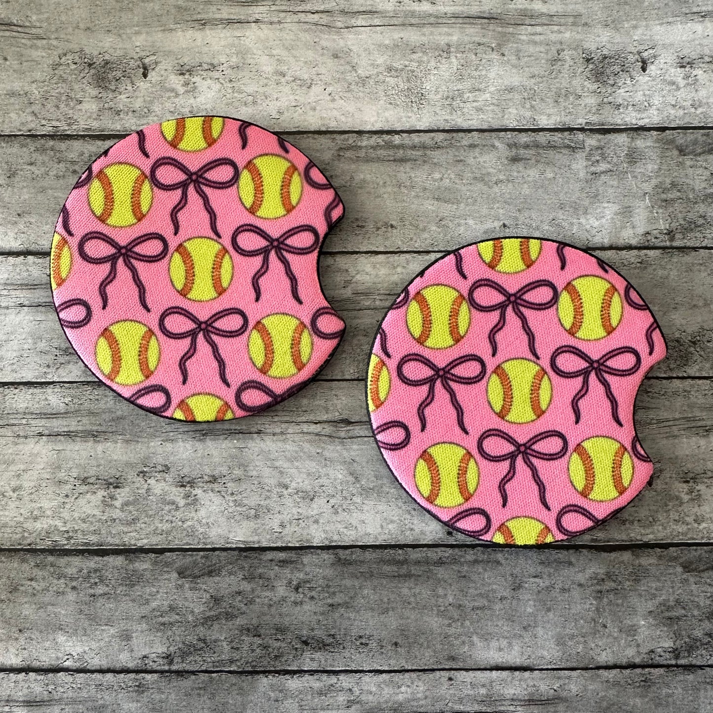 Pink Softball Neoprene Car Coaster