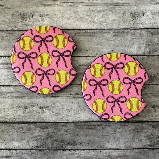 Pink Softball Neoprene Car Coaster