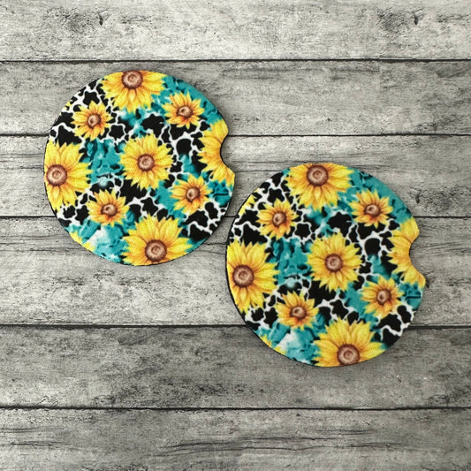 Sunflower and Cow Spot Neoprene Car Coaster