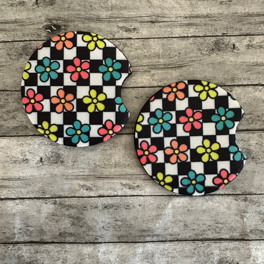 Checkered Bright Flower Neoprene Car Coaster