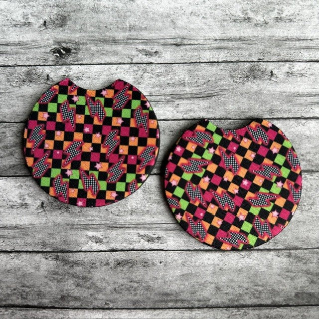 Lightning With Checkers Neoprene Car Coaster