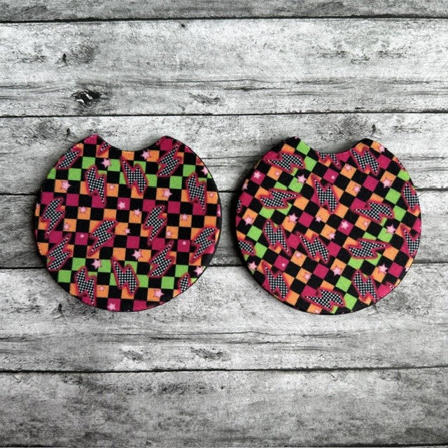 Lightning With Checkers Neoprene Car Coaster