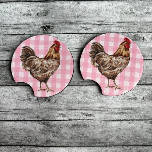 Chicken With Pink Plaid Neoprene Car Coaster