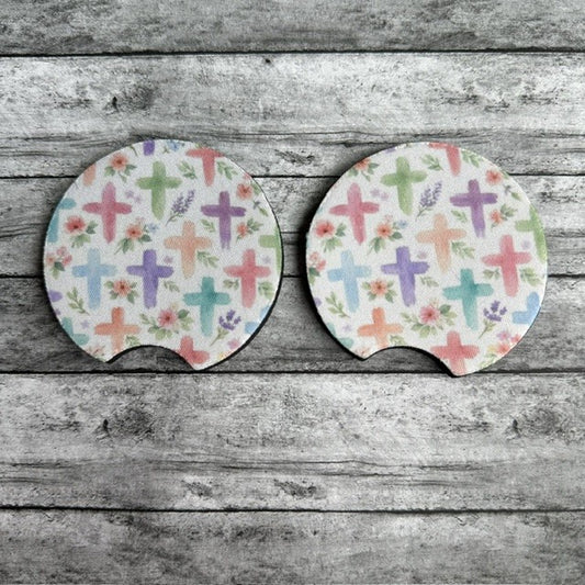 Cross Flowers Neoprene Car Coaster