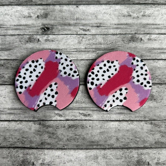 Pink And Purple Dalmatian Neoprene Car Coaster