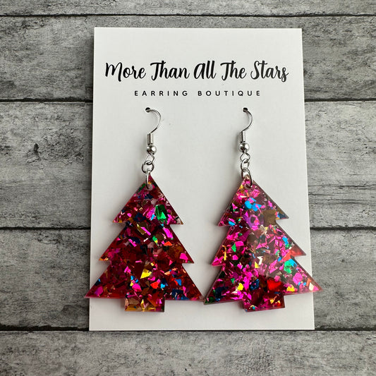 Pink Chunky Glitter Tree Earrings