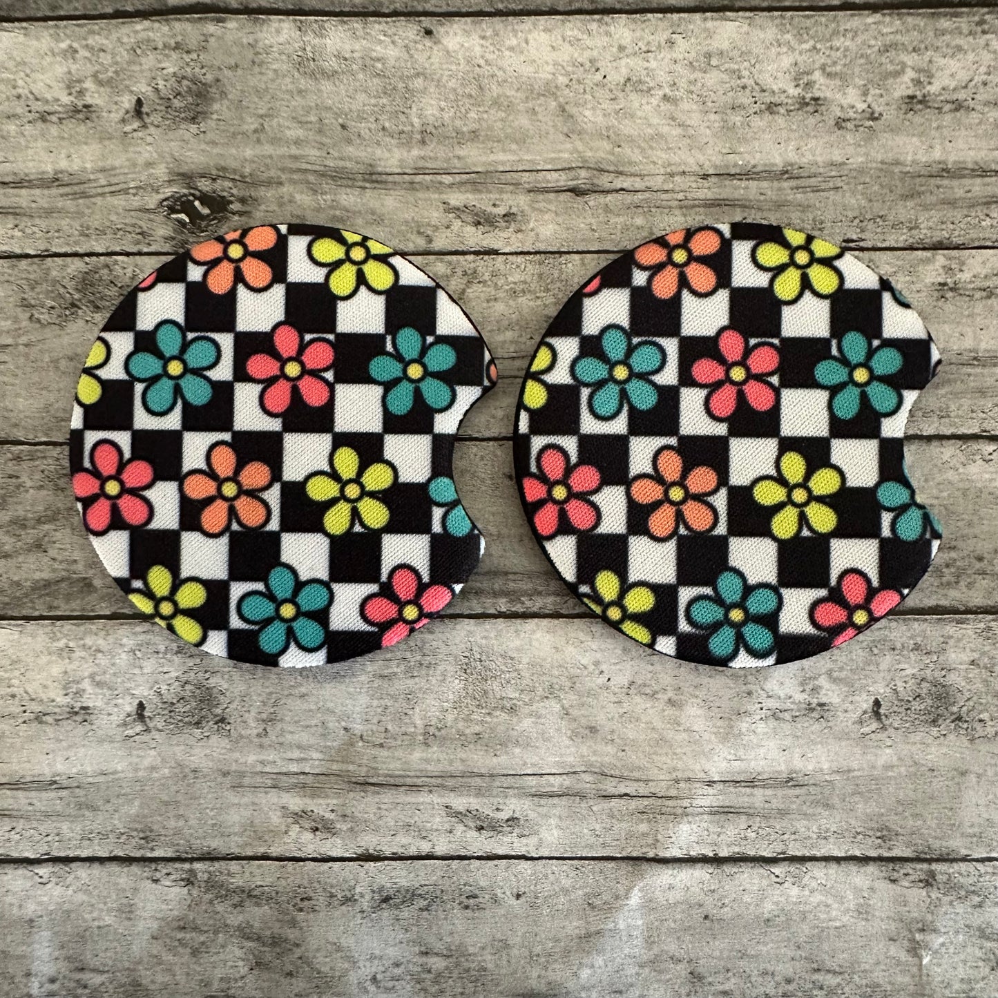 Checkered Bright Flower Neoprene Car Coaster