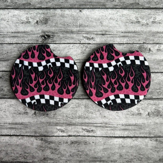 Pink Flames With Checkers Neoprene Car Coaster
