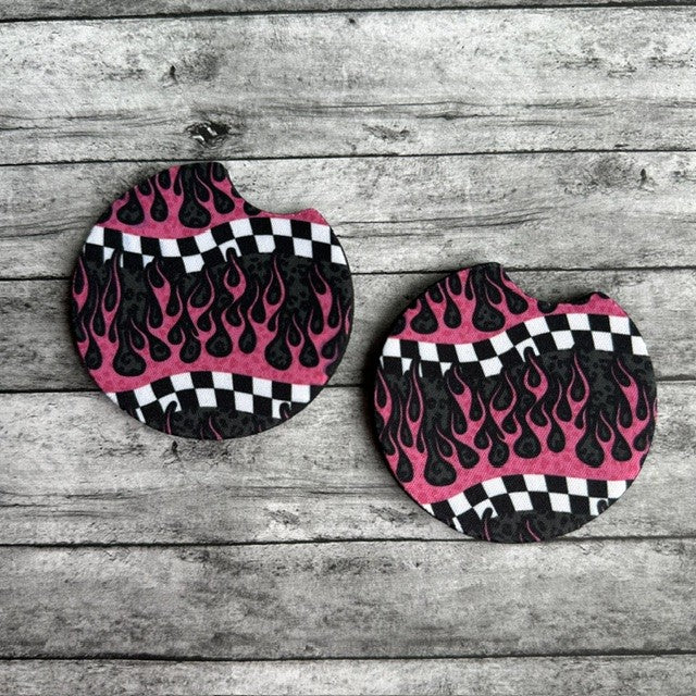 Pink Flames With Checkers Neoprene Car Coaster