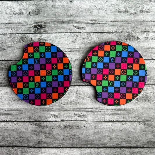 Boujee Rainbow Checker Neoprene Car Coaster
