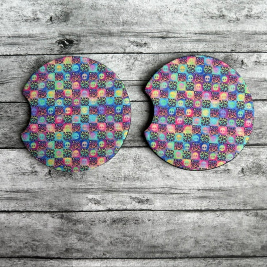 Rainbow Skull Checker Neoprene Car Coaster