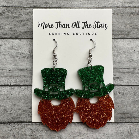 St. Patrick's Day Glitter Leprechaun Orange Beard Earrings